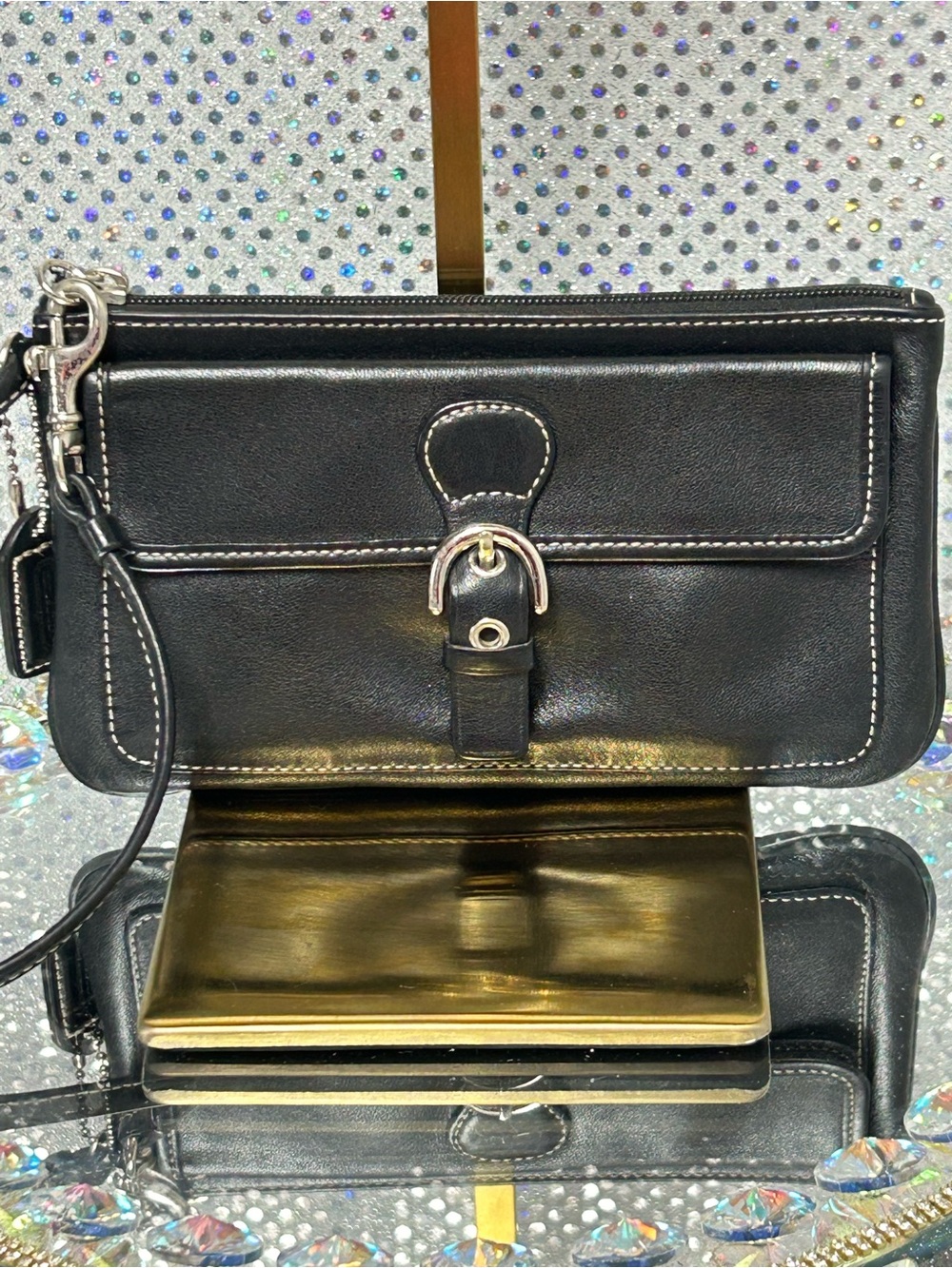 Coach Vintage Black Leather Wristlet w/White Contrast Stitching Approx. 7 x 4.5